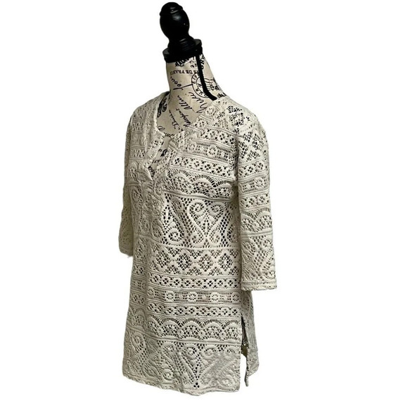 J Valdi White Crochet 90s Vintage Beach Coverup Pullover Mini Dress Sheer Tunic - Picture 2 of 9
